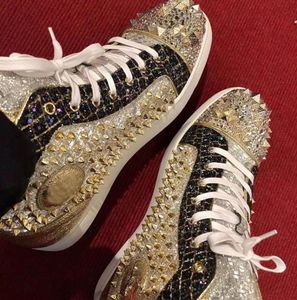 Wholesale shiny shoes for sale - Group buy Top Famous Gold Shiny Leather men casual Shoes Spikes Red Bottoms Sneakers Man Women High Top Luxury Party Wedding No Limited Skateborad Walking with box EU35