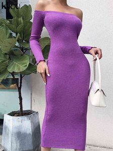 Kliou Ribbed Maxi Maxi Dress Mulheres Herfst Flocking Elegante Elegante Classy Popular Casual Robe Bainha Slash Neck Wear Y1204