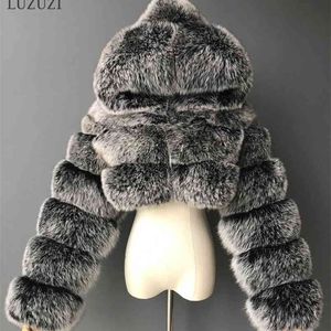 Luzuzi Vinter Furry Beskuren Faux Fur Coats Kvinnor Fluffy Top Coat With Hooded Warm Fur Jacket Ladies Manteau Femme 210817