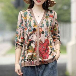 Spring and Autumn Large Size Knit Cardigan Women's V-neck Retro Art Print Loose Wild Long Sleeve Sweater Women 210427