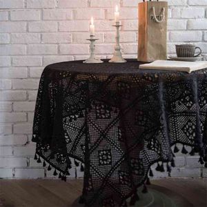 Gothic Black Lace Tablecloth Round Cover Crochet Knitting Piano Towel Decor for Dinning Room Background Cloth 210626