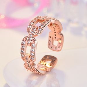 Hollow Diamond Chain Ring Band Finger Rose Gold Aberto Ajustável Ajustável Anéis Chunky para Mulheres Meninas Engagement Wed Fashion Jewelry Will e Sandy