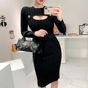 Autumn Chic Fashion Black Knitted Dress Elegant Women Long-Sleeve Hollow out Bodycon Party pencil 210529
