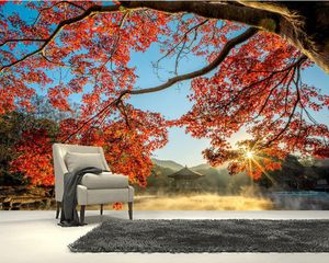 Wallpapers Papel De Parede Autumn Pond Pagodas Rays Of Light Fog Maple Natural Landscape 3d Wallpaper Mural,living Room Bedroom Home Decor