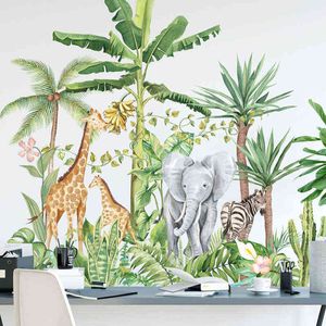 3D selva animal verde folha adesivos de parede decoração removível elefante desenho animado decalques de parede girafa para crianças sala 211112