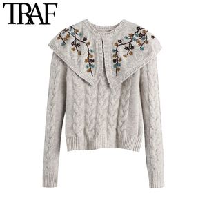 TRAF Kobiety Moda Haftowany Cropped Krojeniowy Sweter Vintage Peter Pan Collar Z Długim Rękawem Kobiet Swetry Szyków Topy 210415