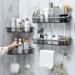 Wall-Mounted Triangle Storage Rack Bathroom Shelf With Towel Bar Hooks Organizer For Bath Household Items Accessories 211112