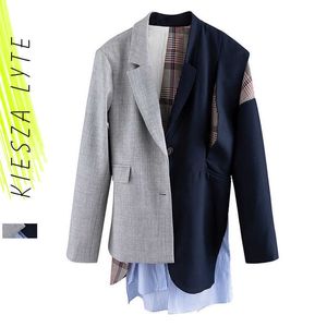 Mulheres Blazer Fashion Chic Trendy Striped Checked Patchwork Hollowed-Out Slit Waistband Terno Casaco Alta Rua Roupa 210608