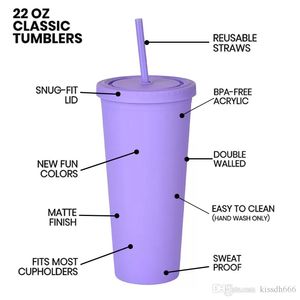 22oz 컵 매트 뚜껑과 빨대가있는 컬러 아크릴 텀블러 더블 벽 플라스틱 Resuable Tumbler