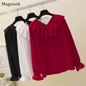 Blusas Sweet Womenトップスブラウス長袖Vネックシフォン秋のフリルズ緩いプラスサイズ4xl s 10223 210512