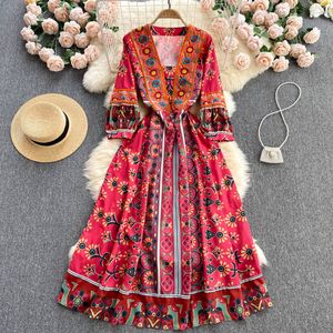 2022 Summer Boho Casual Vacation Long Sundress Women Retro Print Dress V Neck Puff Sleeve A-line Embroidery Dresses