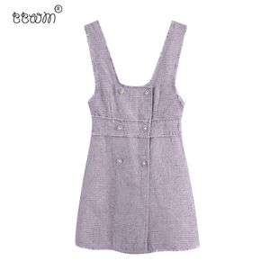 Kobiety Sweet Fashion Double Breasted Tweed Mini Dress Vintage Frayed Square Collar Paski Sukienki Vestidos Mujer 210520