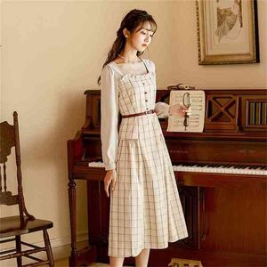 Elegancka wiosna Vestidos de Fiesta Długie rękaw Suknie Plaid Kobiety Vintage Fit and Flare Mid-Calf Beige 210603