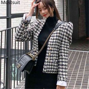 Winter Houndstooth Korean Double Breasted V-neck Coats Jackets Women Long Sleeve Elegant Vintage Woolen Suit Overcoats Outwear 210518