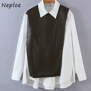 Neploe Japan Style Fake Two Piece Design Women Blouse Spring Autumn Faux Leather PU Shirts Chic Belt Femme Blusas 210510