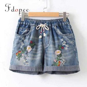 Summer Womens Shorts Literature Do Old Flower Embroidery Elastic Waist Solid Color Pockets Drawstring Jeans Plus Size Short 210611