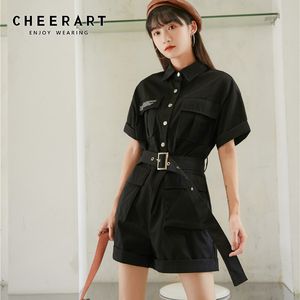 الأدوات واسعة الساق playsuit المرأة سالوبيت الأسود زر أعلى combishort السروال القصير الصيف حزام القفز دعوى 210427