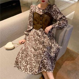 Harajuku Dress Women Vintage Korean Long Sleeve Floral Chiffon Dress+PU Leather vest Two-piece Suit Clothing 219E 210420