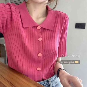 Mode chic tunna stickade cardigans kvinnor sommar koreanska lapel krage kortärmad slim toppar kvinnliga rosa stickade kläder kläder 210806