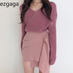 Ezgaga två stycken Set Kvinnor Chic Sexig Deep V-Neck Criss-Cross Knit Sweater Pullover Hög midja Kjolar Oregelbundna Bodycon Elegant 210430