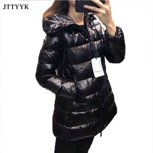 Winter Clothes Women Medium Length Zipper Black Puffer Jacket White Duck Down Coat Fashion Hooded Snow Coat Feather Parkas 211130