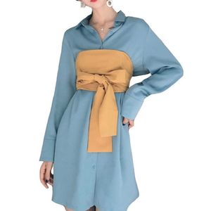 FORSE U Donna Manica lunga Colletto rovesciato Blu Bianco Top Camicia Sash Office Lady Solid B0291 210529