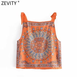 Zevity Women India Folk Position Totem Floral Print Chic Sling Camis Tank Ladies Summer Bowknot Strap Vest Crop Tops LS9263 210603