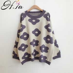 H.SA Fall Women Sweaters Oneck Floral Loose Jumpers Blue Candy Color Tops Korean Sweater Kvinna Knitwear Pull 210417
