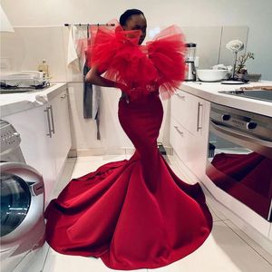 Elegant Black Girl Mermaid Evening Dresses Long Puffy Tulle V Neck Crystal African Prom 2022 Vintage Celebrity Party Gowns