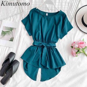 Kimutomo нерегулярное с коротким рукавом шифоновая футболка женщины сплошной цвет O-шеи лук кружев вверх тонкий верхний корейский летний мода 210521