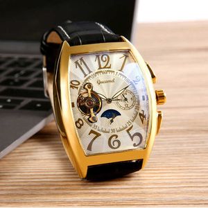 Männer Wasserdichte Uhr Männer Hohl Automatische Mechanische Uhren Uhren Hombre Barrel Zifferblatt Schwarz Lederband Mond Phase Display Q0902