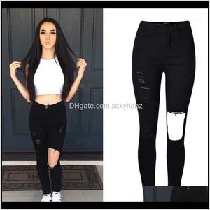 Womens Clothing Apparel Drop Delivery 2021 Fashion Black Elastic High Waist Ripped Jeans For Women Denim Jean Pants Hole Skinny Woman Pantalo