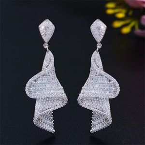 Luxury Jewelry Dangle Earrings Handmade Sparkling 925 Sterling Silver Full Princess Cut White Topaz CZ Diamond Gemstones Women Party screw tassels Earring Gift