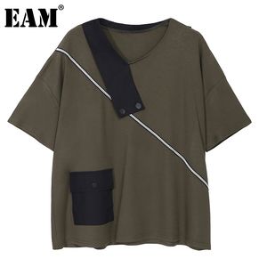 [EAM] Kadınlar Yeşil Eklenmiş Cep Büyük Boy Rahat T-Shirt Yuvarlak Boyun Kısa Kollu Moda Bahar Yaz 1dD7518 210512