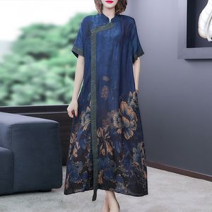 Elegant Women Qipao National Style Casual Dress Classic Chinese Modern Cheongsam Summer Stylish Gown Floral Print Female Blue Tang Tuit Vestidos