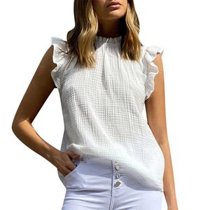 女性の白いTシャツの夏の堅いパッチワークのフリルOネックショートフリルスリーブスリム薄いプルオーバートップスレディースストリートウェアTシャツ210526