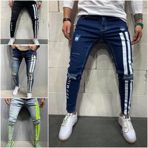 Mężczyźni Skinny Denim Biker Jeans Side Paski Męskie Zgrywanie Spodnie Zniszczone Dziura Porysowany Zipper Slim Fit Jean Spodnie