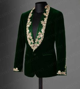 Anniebritney Tailored Velvet Lace Applique Homens Terno Slim Fit Smokedo 2 peças Ternos Conjunto Conjunto Prom Blazer Jaqueta Verde + Calças Pretas X0909