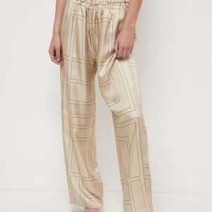 토템 * 100 % 실크 자수 캐주얼 Drawstring Nighty Wide Leg Pants 210915