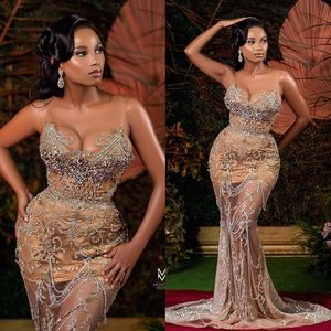 2022 Plus Size Arabisch Aso Ebi Gold Luxuriöse Meerjungfrau-Abschlussballkleider Perlenkristalle Glitzernde Abendformelle Party Zweite Empfangskleider Kleid ZJ236