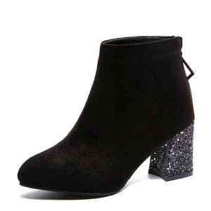 Fashion Women Boots Flock High Heels Ankle Boots Female Sequins Square Heel Winter Rubber Botines Shoes Botines Mujer Plus Size Y1105
