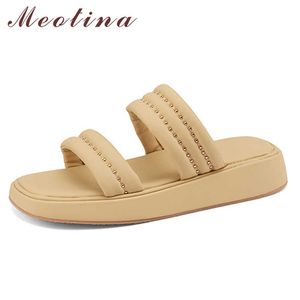 Meotina Pantofole Scarpe Donna Piattaforma piatta Diapositive Punta quadrata Calzature da donna Estate Albicocca Blu 33-40 Scarpe moda 210608