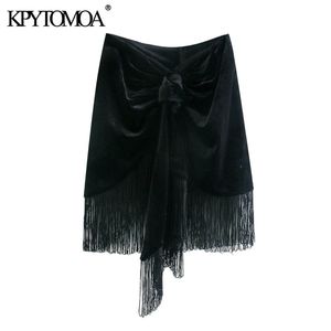 Kobiety Moda z Knot Miłośnik Tassel Plisel Plised Velvet Mini Spódnica Wysoka Talia Powrót Zipper Kobiet Spódnice Mujer 210420