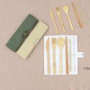 7Pcs/Set Wooden Dinnerware Set Bamboo Teaspoon Fork Soup Knife Catering Cutlery Set with Cloth Bag Outdoor travel portable LLD12550D12550