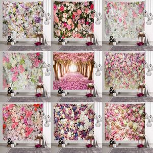 Blomma tapestries 3d strand handduk rosa körsbärsblommor vägg matta yoga matta hem dekor tapestry 210609