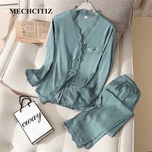 Mechcitiz Pijamas Cetim Mulheres 2pcs Sleep Sleep Sexy Sleepwear Calças Outono Silk Pijama Set Satin Kimono Rouphrobe Sexy Nightwear 211112