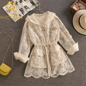 European Style Loose Long Lace Jacket Women Summer Drawstring Waist Embroidered Hollow Zipper Casual Coat With Hood 210506