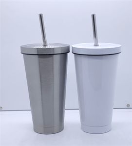 17 Unzen Sublimation weiß-silberne leere Becher mit Deckel und Metallstrohhalmen Wärmeübertragung doppelwandige isolierte Trinkbecher Edelstahl-Wasserflaschen A12