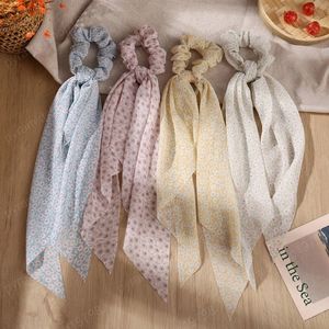 Moda Floral Print Bow Pano Meninas Elastic Hair Bands Long Ribbon Cachecol Cachecol Mulheres Scrunchies Cabelo Acessórios