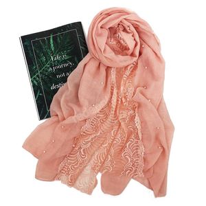 여성 레이스 꽃 비즈 Hijab Scarf Bandhnu 면화 이슬람 스카프 웨딩 랩 펄 머리띠 Pashmina Shawls 180 * 80cm